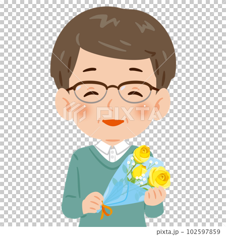 黄色いバラの花束を持った中年男性 黄色いバラの花束を持った中年男性 102597859