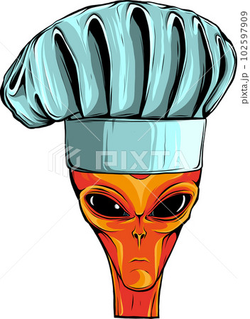 Alien Wearing Chef Hat Vector Art Illustration on Isolated Background. Alien Wearing Chef Hat Vector Art Illustration on Isolated Background. 102597909