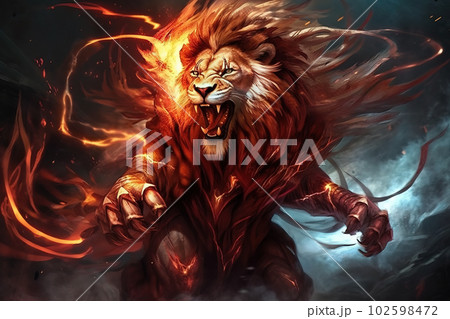 Image of an angry lion and flames. Wildlife Animals. Illustration. Generative AI. Image of an angry lion and flames. Wildlife Animals. Illustration. Generative AI. 102598472