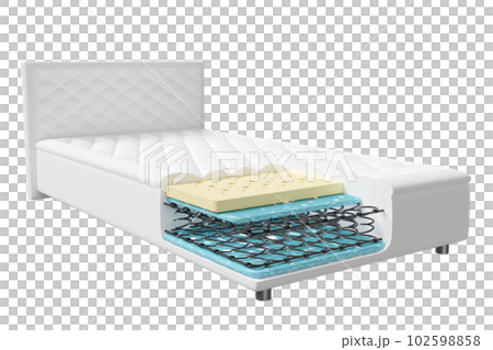 3d layered sheet material mattress with air fabric, coil spring, natural latex, memory foam isolated. 3d render illustration 102598858