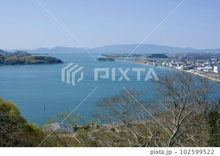桜の咲く米子城本丸周辺から望む中海 102599522