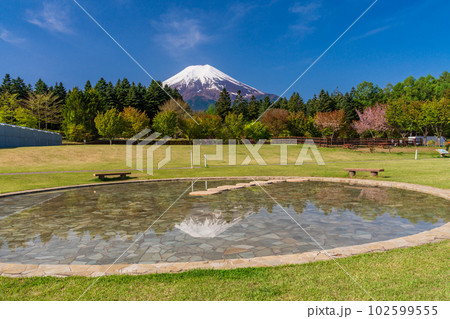 （山梨県）富士山レーダードーム公園の池に映る逆さ富士 102599555