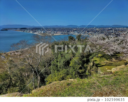 桜の咲く米子城本丸周辺から望む中海 桜の咲く米子城本丸周辺から望む中海 102599635