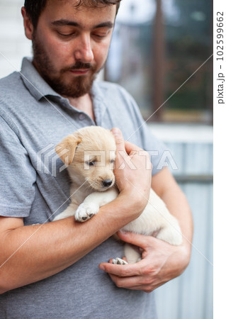 Man holding homeless puppy in hands. 102599662