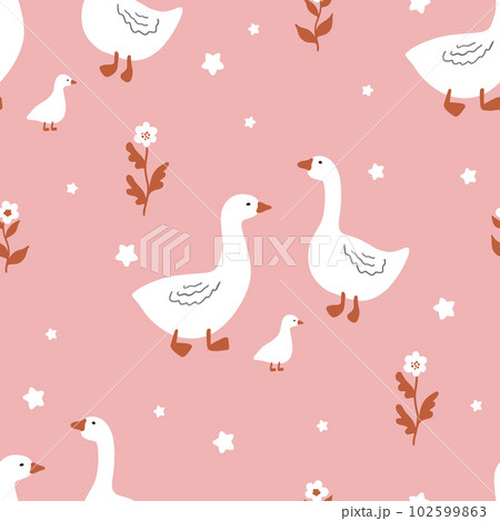Seamless pattern of geese. Cute vector illustration in a simple hand drawn cartoon style. Seamless pattern of geese. Cute vector illustration in a simple hand drawn cartoon style. 102599863