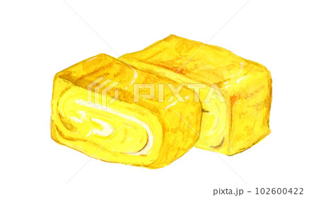 手描き水彩の美味しそうな卵焼きのイラストのイラスト素材 [102600422