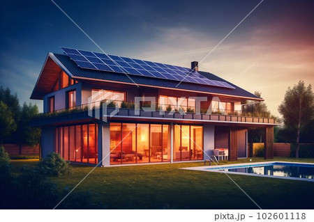 House with Solar Panels on the Roof, Clear Sky. Generative ai 102601118