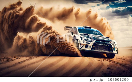Rally Car Driving in Dirt, Causing Black Clouds of Dust. Generative ai 102601290