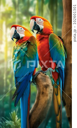 Couple of Vibrant and Colorful Macaws, Perched on Tropical Tree Branches. Generative ai Couple of Vibrant and Colorful Macaws, Perched on Tropical Tree Branches. Generative ai 102601301