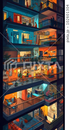 Illuminated Interior Colorful Apartment at Night with Many Balconies. Generative ai 102601304