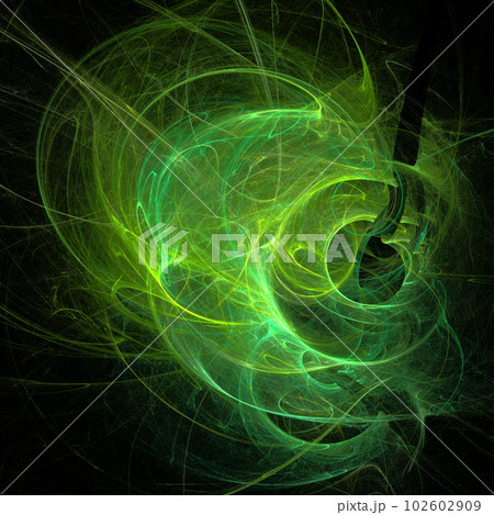 yellow and green abstract drawing on a black background, color digital graphics, design 102602909