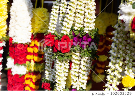 Fllower garland shop near Batu Caves Temple, Malaysia Fllower garland shop near Batu Caves Temple, Malaysia 102603329