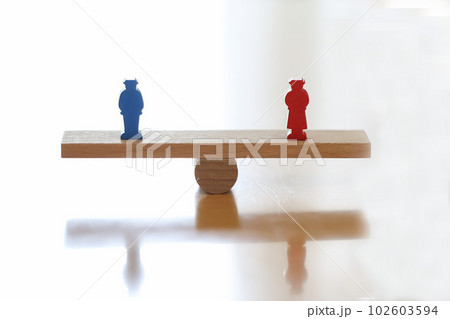 シーソーの上の男女 男性 女性 バランス ジェンダー平等 シーソーの上の男女 男性 女性 バランス ジェンダー平等 102603594