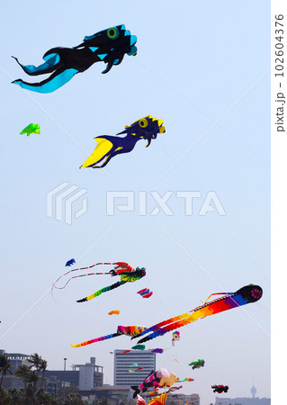 February 28, 2023 "Pattaya International Kite On The Beach 2023" Colorful kites dazzled in the sky. Many tourists enjoy to fly kites and look up. Pattaya beach, Chonburi, Thailand. February 28, 2023 "Pattaya International Kite On The Beach 2023" Colorful kites dazzled in the sky. Many tourists enjoy to fly kites and look up. Pattaya beach, Chonburi, Thailand. 102604376