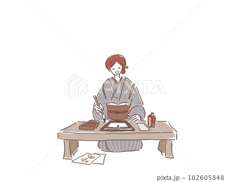 習字をする着物を着た女性(背景白) 習字をする着物を着た女性(背景白) 102605848