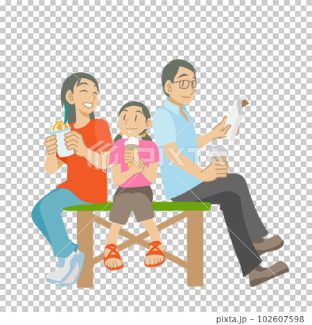 ベンチでくつろぐ家族 ベンチでくつろぐ家族 102607598