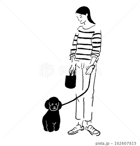 犬の散歩をする女性の線画ベクターイラスト 102607815