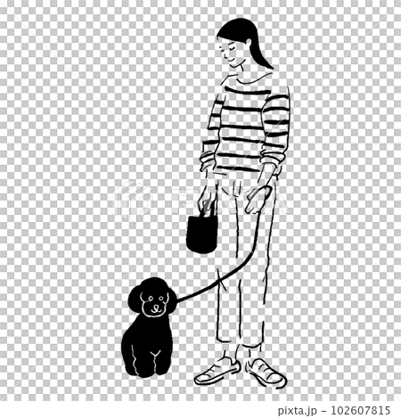 犬の散歩をする女性の線画ベクターイラスト 102607815