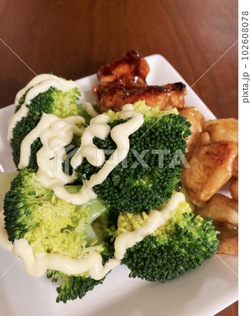 鶏肉の照り焼きと付け合わせのブロッコリー 鶏肉の照り焼きと付け合わせのブロッコリー 102608078