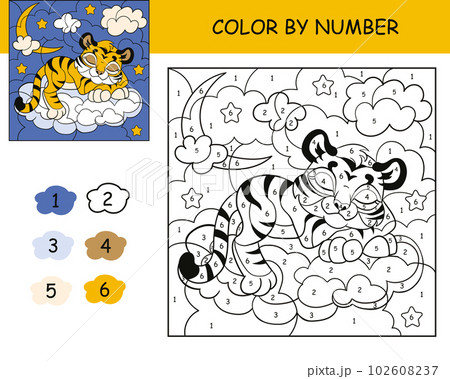 Kids coloring by number dreaming tiger vector illustration Kids coloring by number dreaming tiger vector illustration 102608237