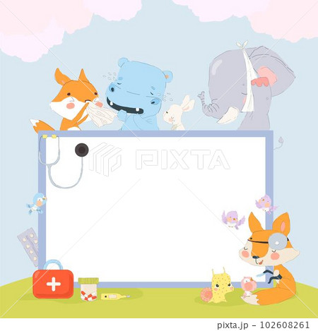 Cartoon Frame with Cute Patients Animals, Sick Characters Cartoon Frame with Cute Patients Animals, Sick Characters 102608261