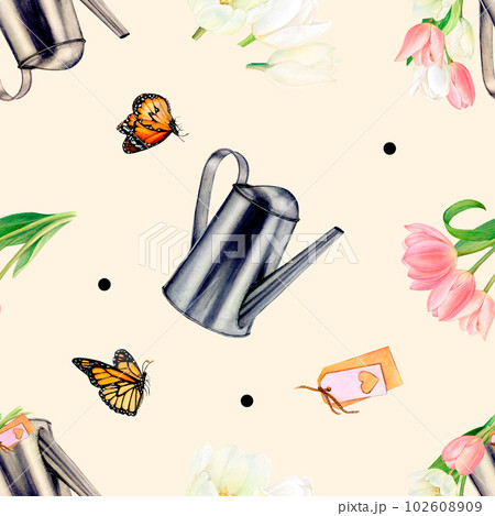Watercolor drawing rapport of flying butterflies, name tags with hearts, watering cans and pink and white tulips on beige background. Picture to sticker, card, scrapbooking, textile printings, fabrics 102608909