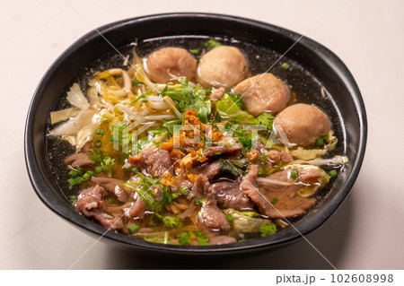 Top view meat chinese clear soup 102608998