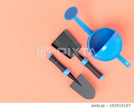 Watering can with garden tools like shovel, rake and fork on orange background. 102610107
