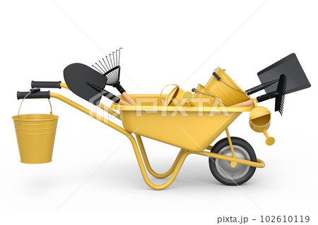 Garden wheelbarrow with garden tools like shovel, watering can and fork on white 102610119