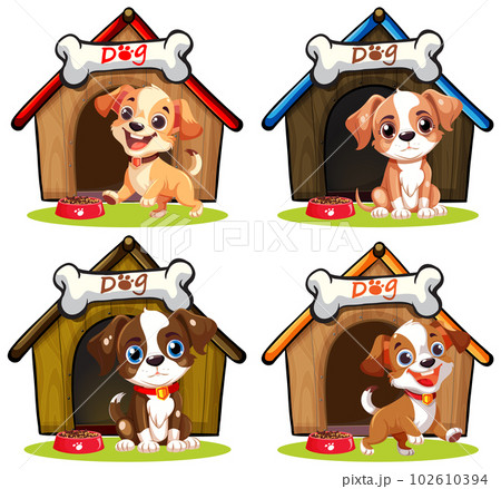 Dog in front of dog house Dog in front of dog house 102610394