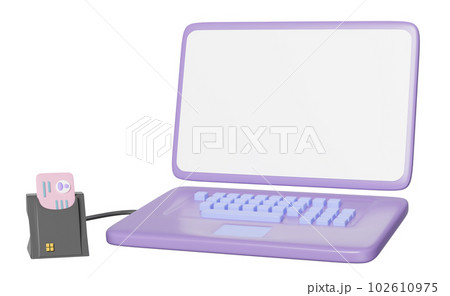 3d purple laptop computer with smart card reader, external USB card reader, Id card icon isolated. 3d render illustration 3d purple laptop computer with smart card reader, external USB card reader, Id card icon isolated. 3d render illustration 102610975