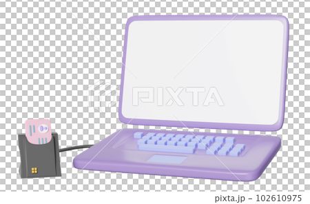 3d purple laptop computer with smart card reader, external USB card reader, Id card icon isolated. 3d render illustration 3d purple laptop computer with smart card reader, external USB card reader, Id card icon isolated. 3d render illustration 102610975