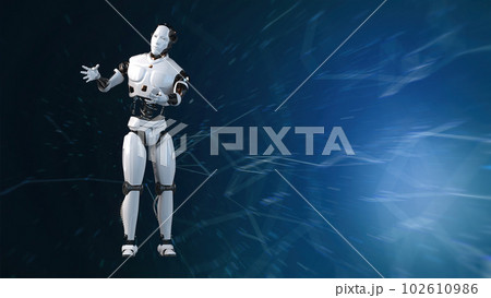 Futuristic world robots are running. Presentation of technology with robots. 3d rendering action of robot. Futuristic world robots are running. Presentation of technology with robots. 3d rendering action of robot. 102610986