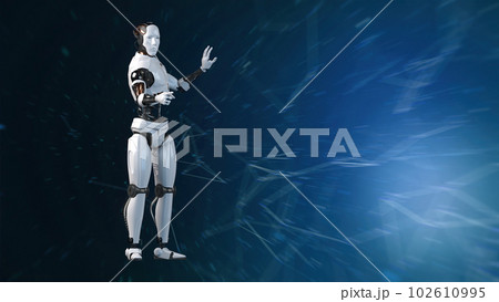 Futuristic world robots are running. Presentation of technology with robots. 3d rendering action of robot. Futuristic world robots are running. Presentation of technology with robots. 3d rendering action of robot. 102610995
