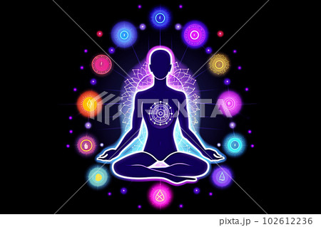Illustration of yoga and meditation with colorful lights on a black background. Generative AI 102612236