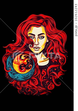 Beautiful girl with moon and stars. digital illustration. Generative AI 102612243