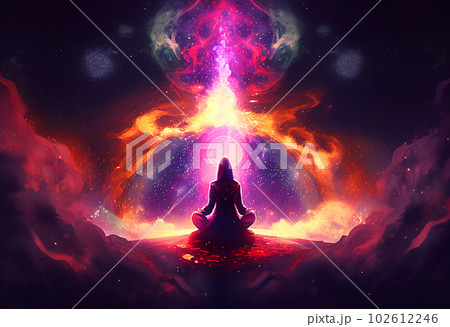 Digital Illustration of a Meditation Pose in Front of a Space Hole. Generative AI Digital Illustration of a Meditation Pose in Front of a Space Hole. Generative AI 102612246