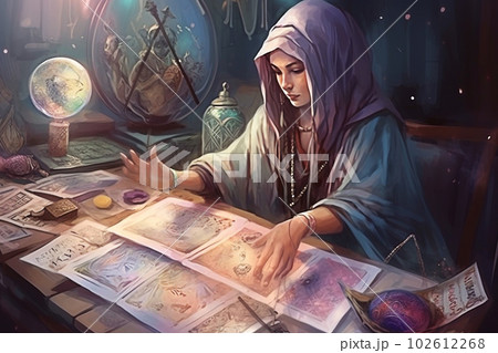The witch reads the magic book. Fairytales. fantasy world. Generative AI The witch reads the magic book. Fairytales. fantasy world. Generative AI 102612268