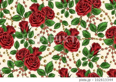 Seamless pattern with blooming red roses 102613344