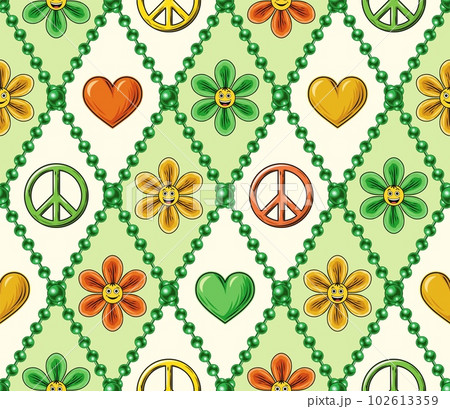 Seamless pattern with chamomile flower, heart, peace sign, beads, emoji. Rhombus geometric grid. Peaceful, positive background in groovy, hippie style. 102613359