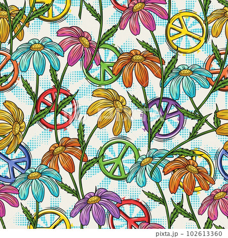 Seamless pattern with peace sign, chamomile flower with stem, halftone shapes. Groovy, hippie style. Good for apparel, fabric, textile 102613360