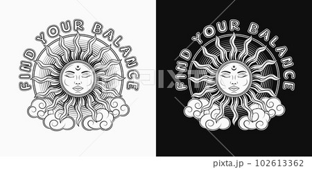 Label with sun with face, clouds, rainbow, text. Concept of harmony, balance extended mind. Mythological faitytale solar sign. For clothing, apparel, T-shirts, surface decoration. Groovy, hippie style 102613362