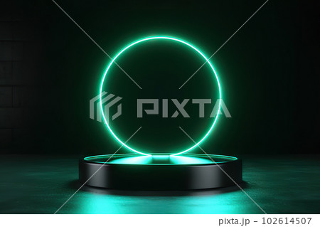 Grunge Street Pedestal with Green Neon Lights and Blank Display. created with Generative AI 102614507