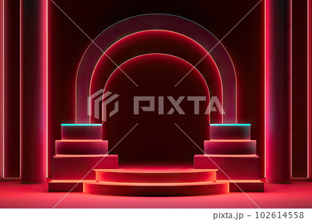 Realistic Neon Light Podium Background - 3D Rendered. created with Generative AI Realistic Neon Light Podium Background - 3D Rendered. created with Generative AI 102614558