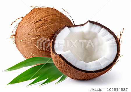 Fresh Coconut with Half and Leaves Isolated on White Background. created with Generative AI 102614627
