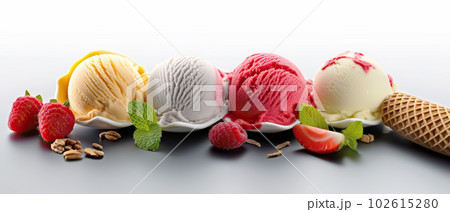 Assorted Ice Cream Scoops in a Set, Delicious Sweet Treats Isolated on White Background. created with Generative AI Assorted Ice Cream Scoops in a Set, Delicious Sweet Treats Isolated on White Background. created with Generative AI 102615280