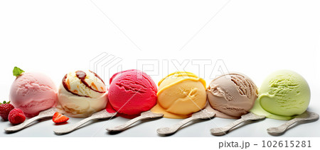 Assorted Ice Cream Scoops in a Set, Delicious Sweet Treats Isolated on White Background. created with Generative AI 102615281