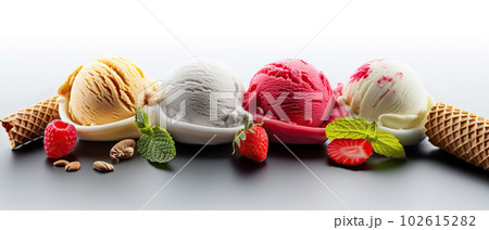 Assorted Ice Cream Scoops in a Set, Delicious Sweet Treats Isolated on White Background. created with Generative AI 102615282
