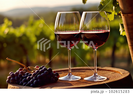 Romantic Wine Tasting in the Vineyard: Two Glasses of Red Wine with Scenic Views. created with Generative AI 102615283