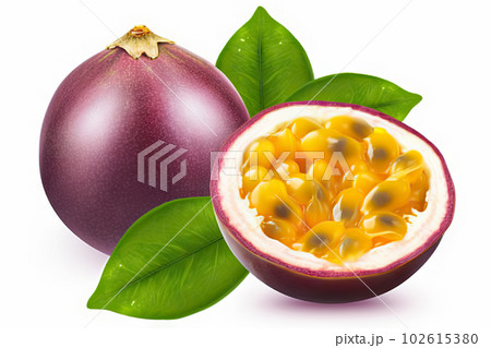 Exotic Passion Fruit with Lush Leaves Isolated on a White Background. created with Generative AI Exotic Passion Fruit with Lush Leaves Isolated on a White Background. created with Generative AI 102615380